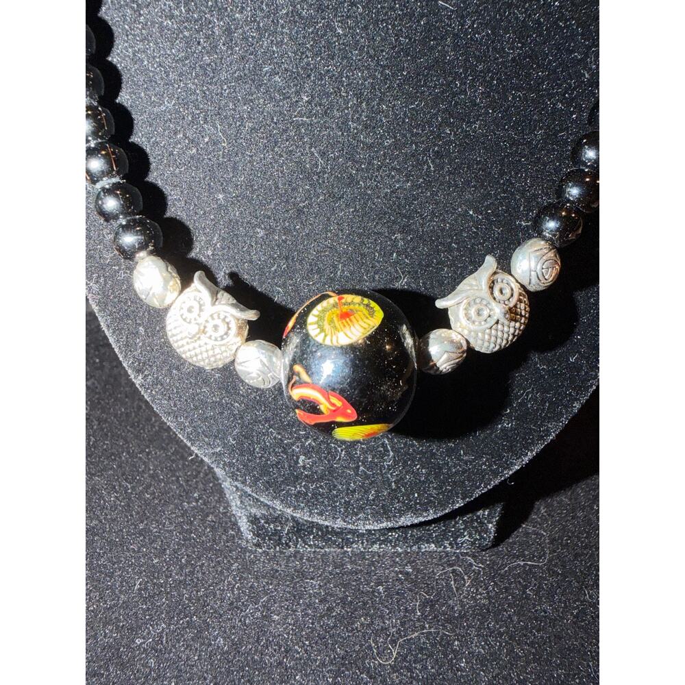 Handmade artisan necklace Italian glasswork with whimsical owl charms 18”